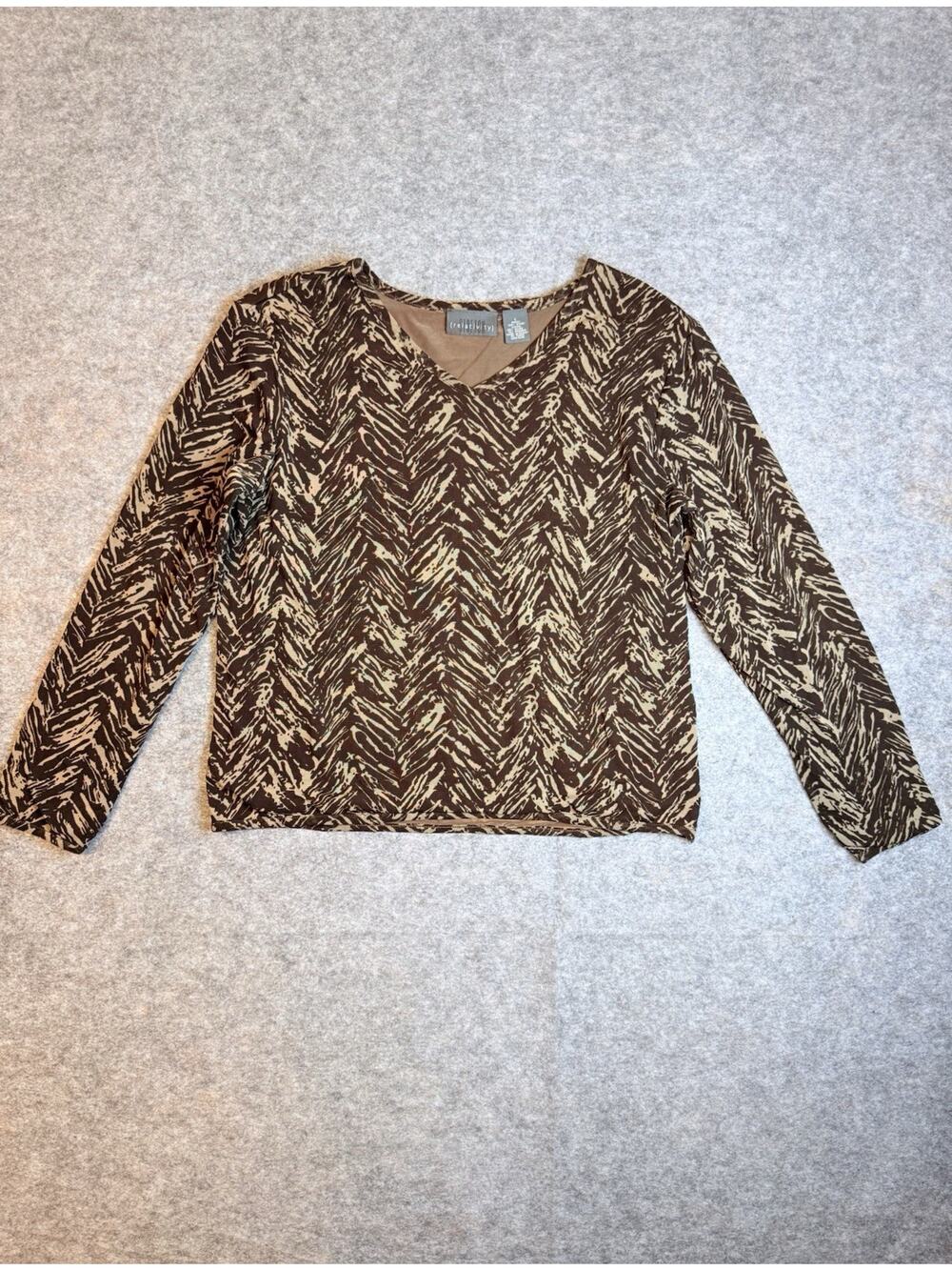 Relativity Stretch Women’s Size L Brown Beige Abstract Print V-Neck Top